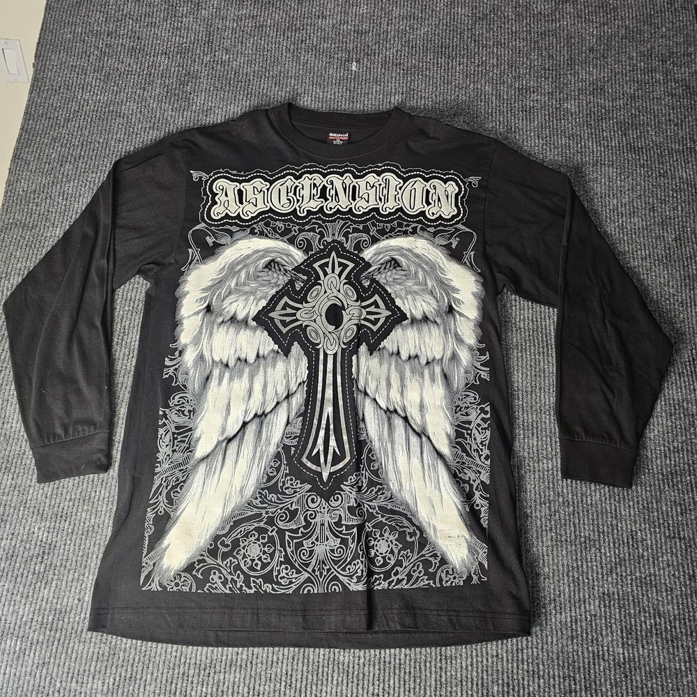 Griffin Ascension Shirt Mens XL Black Angel Wings Cross Graphic Long Sleeve